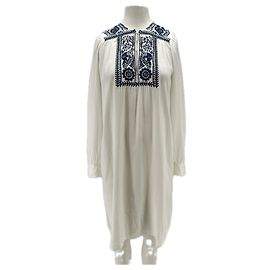 Antik Batik Vestido blanco con cuello bordado en marino