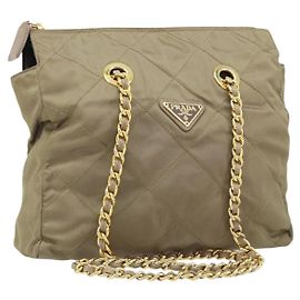 Borsa a Spalla con Catena Prada in Nylon Beige Oro Auth bs34053