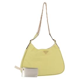 Borsa a Spalla con Catena Prada in Nylon Giallo Oro Auth LNZ1020A