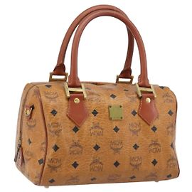 MCM Vicetos Logogram Borsa a Mano in Pelle PVC Marrone Oro Auth BSZ338