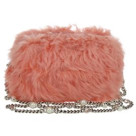 Borsa a Spalla Miu Miu con Catena in Pelliccia Rosa Argento Auth ARZ527M