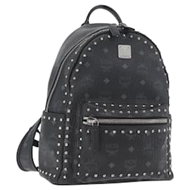 Mochila MCM Logogram Vicetos Studs de cuero PVC negro Auth kk619