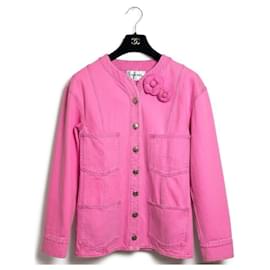 Ikonische Chanel 21S Neon-Pink Denim Camellia Jacke FR 36