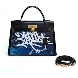 Borsa Hermès 1989 Zenoï Kelly 32 Sellier in Pelle Nera Graffiti Hermes con tracolla