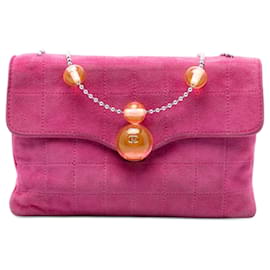 Chanel Rosa CC Choco Bar Camoscio Catena di Perle Flap