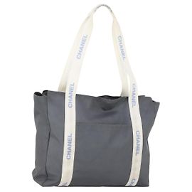CHANEL Bolsa Tote Nylon Cinza Prata CC Auth hk3544