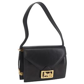 Borsa a spalla CÉLINE Carrozza in pelle nera e oro Auth BSZ366