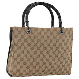 Bolso de mano GG Canvas Bamboo Gucci Nylon Beige Plata 002 1016 Auth BSZ113
