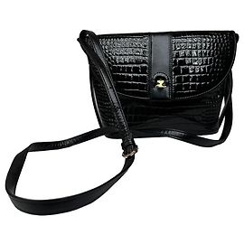 Borsa in pelle nera con stampa coccodrillo vintage Courreges