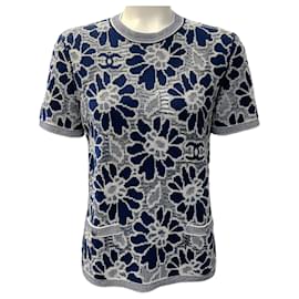 Blusa de tricô floral azul marinho / branco Chanel