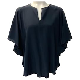 Top drapeado de seda azul marino con mangas flotantes Hermès