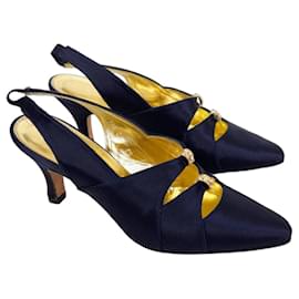 Escada dunkelblaue Satin-Schuhe aus den 80ern