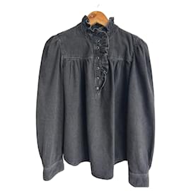 Ba&Sh Jeanshemd Schwarz mit Rüschenkragen