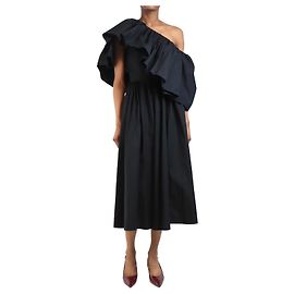 Alexander Mcqueen Vestido midi de popelina negra de un hombro - talla UK 6