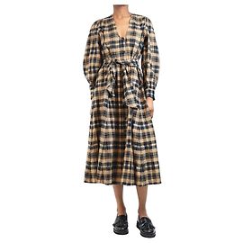 Ganni Vestido midi de seersucker a cuadros marrón - talla UK 6