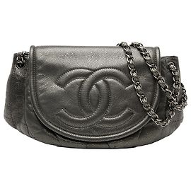 Chanel Borsa a Flap Mezza Luna in Caviar Metallico Grigio Grande