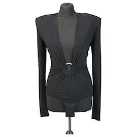 Body de jersey negro con escote en V Alexandre Vauthier con detalle de anillo