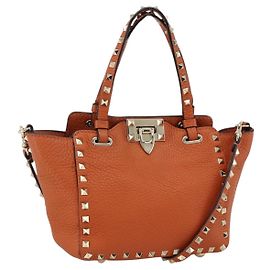 Borsa a mano in pelle Valentino con borchie 2 in 1 oro arancione marrone Auth BA11416