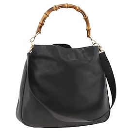 Bolsa de Ombro de Couro Gucci Bamboo 2way Preto Dourado 001 1577 Auth BA11229