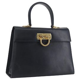 Borsa a mano Gancini in pelle blu navy e oro Auth BSZ342 di Salvatore Ferragamo