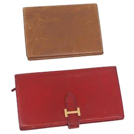 Hermès Portafoglio HERMES in pelle 2 pezzi marrone rosso Auth bs33891