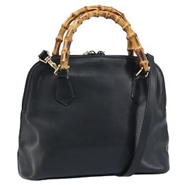 Borsa a mano in pelle GUCCI Bamboo 2 in 1 Nero Oro 000 2122 0290 Auth 173468