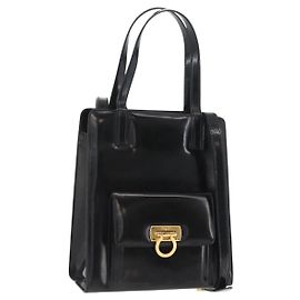 Bolsa de Mão Gancini Salvatore Ferragamo em Couro Patente 2 em 1 Preto Ouro Auth bs34043