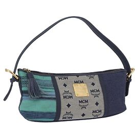 Borsa a spalla MCM Vicetos Logogram in tela blu oro Auth BSZ289