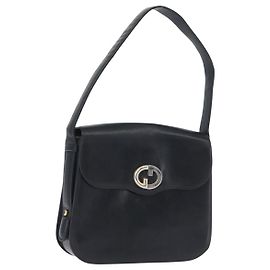 GUCCI Shoulder Bag Leather Navy Gold Auth ARZ157
