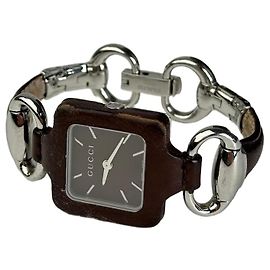 Vintage Gucci Horsebit Leder Stahl Uhr Schwarz Silber