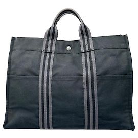 Borsa tote in tela vintage Hermès nera e grigia