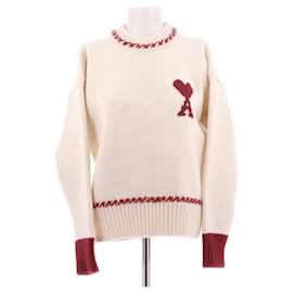 Beige Pullover mit rotem Kragen aus Wolle - Ami