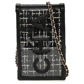 Clutch per telefono in tweed nero e PVC di Chanel con catena