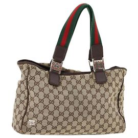 GUCCI GG Canvas Web Sherry Line Tote Bag Beige Silver 145758 Auth ki6564