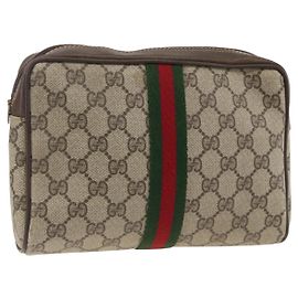 GUCCI GG Supreme Web Sherry Line Clutch Bag PVC Beige Rosso 010 378 Auth ka3160