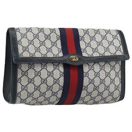 GUCCI GG Supreme Sherry Line Clutch Bag PVC Blu Navy Rosso 84 01 007 Auth ARZ315