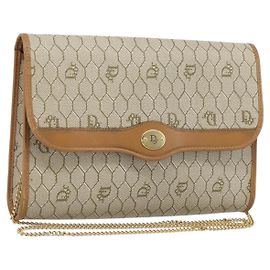 Borsa a spalla in tela a nido d'ape Christian Dior con catena PVC beige oro Auth ka3209
