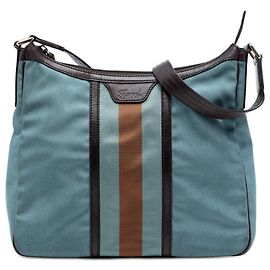 Bolsa de Ombro em Lona Azul Gucci com Web