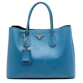 Prada Grande Borsa Doppia in Pelle Saffiano Blu