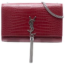 Saint Laurent Rosso Medio Pelle Embossata Coccodrillo Monogramma Kate Borsa a Tracolla con Frange