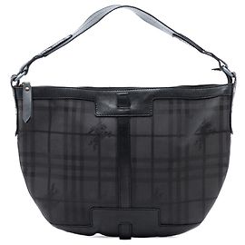 Hobo in tela rivestita con motivo a quadri neri Haymarket di Burberry