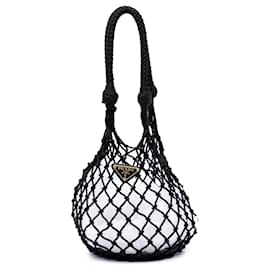 Borsa a secchiello in rete e pelle nera Prada