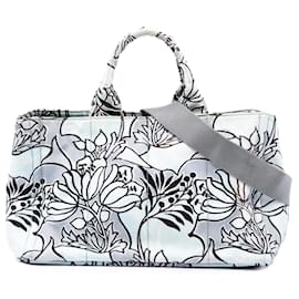 Borsa Canapa in tela stampata floreale blu media di Prada