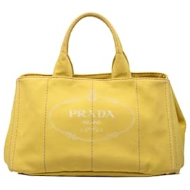 Borsa grande in tela canapa logo gialla Prada
