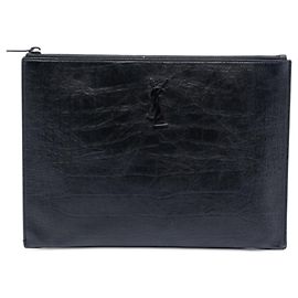 Portadocumenti Monogram in pelle nera con stampa coccodrillo Saint Laurent
