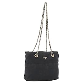 Borsa a Spalla con Catena Prada in Nylon Nero e Oro Auth bs34051