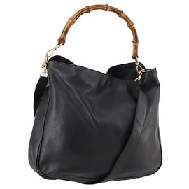 Borsa a mano in pelle GUCCI Bamboo 2way Nero Oro 001 1998 1577 Auth 173531