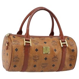 MCM Vicetos Logogram Handtasche aus PVC-Leder Braun Gold Auth bs33975