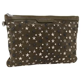 Jimmy Choo Clutch Bag aus Leder in Khaki mit Nieten Auth BA11453