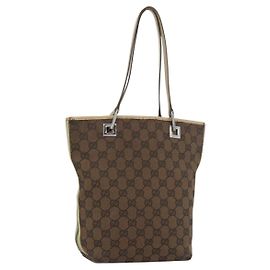 GUCCI GG Canvas Sherry Line Tote Bag Braun Silber 31244 Auth BSZ281